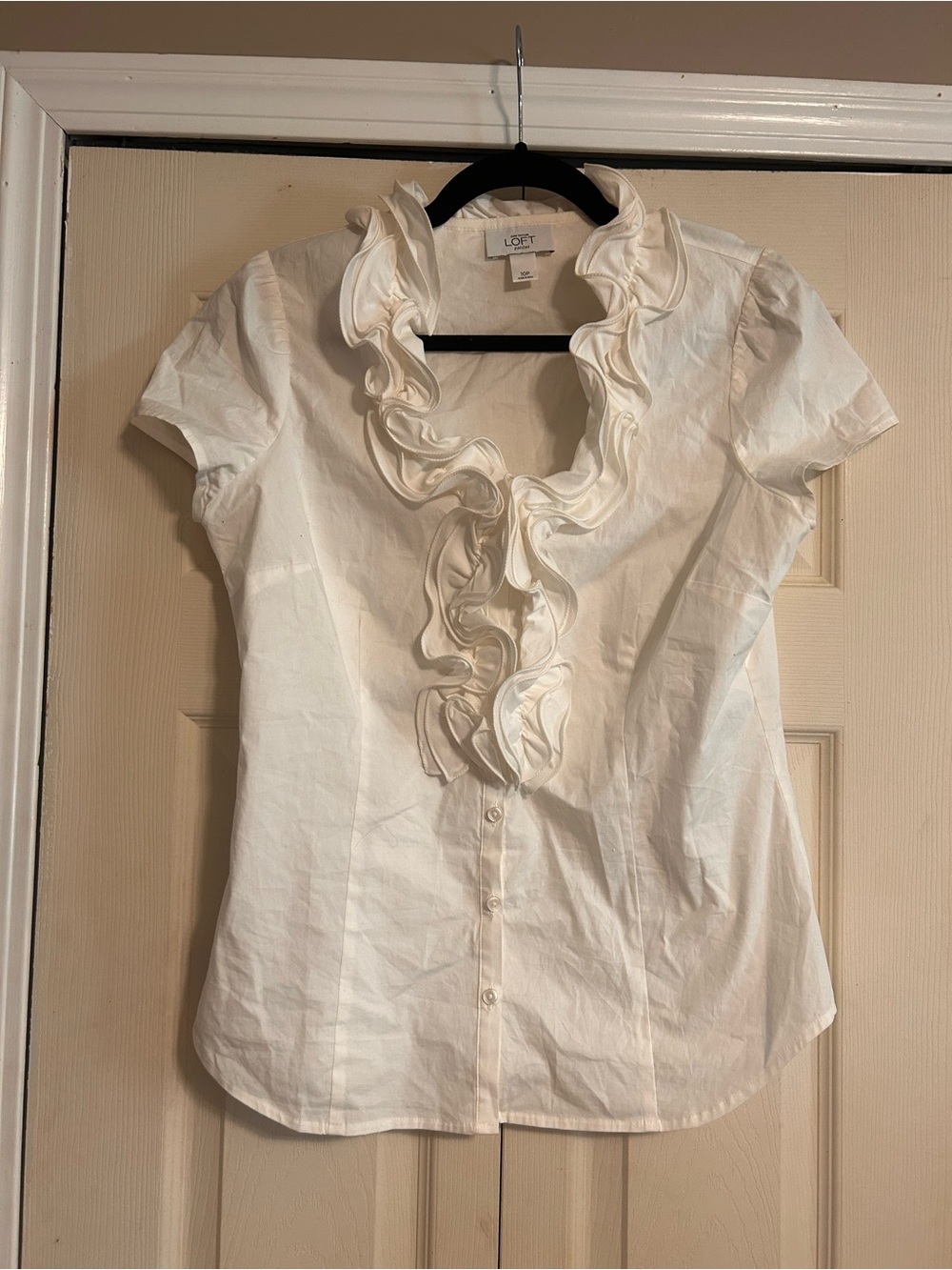 LOFT Women's White Ruffle Front Cap-Sleeve Blouse